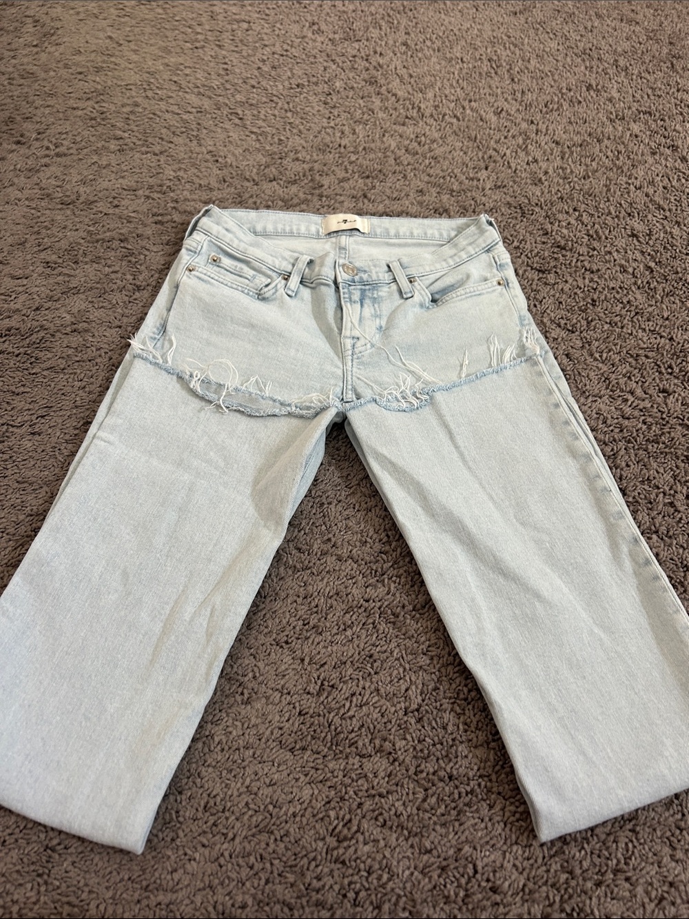 7 For All Mankind Light Blue Boot Cut Jeans with Frayed Detail. 30inch, low rise